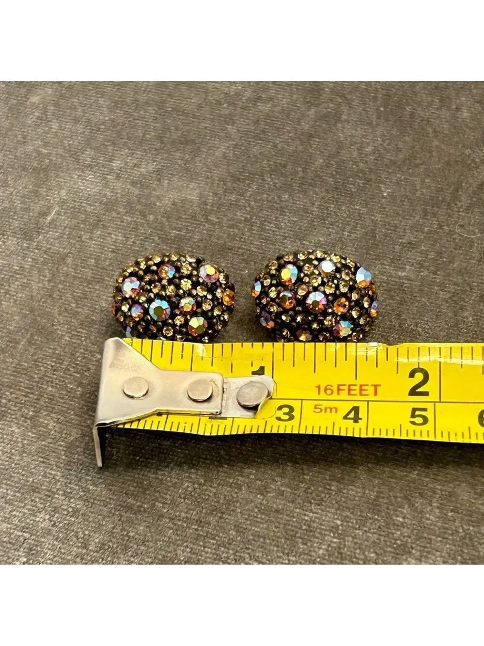 Vintage Amber Aurora borealis AB crystal rhinestone oval clip on earrings